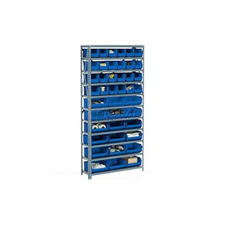 Global Industrial Steel Open Shelving with 21 Blue Plastic Stacking Bins 6 Shelves, 36x12x39 603243BL